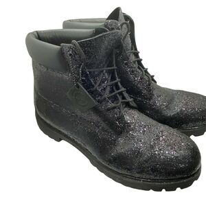 Timberland Men's Black Glitter Lace Up Ankle Block Heel Combat Boots size 15 W